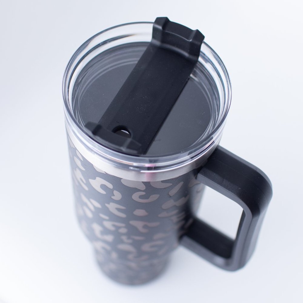 40oz Tumbler with Handle & Straw‎ with Lid Black Leopard Stainless Steel - Picture 3 of 4